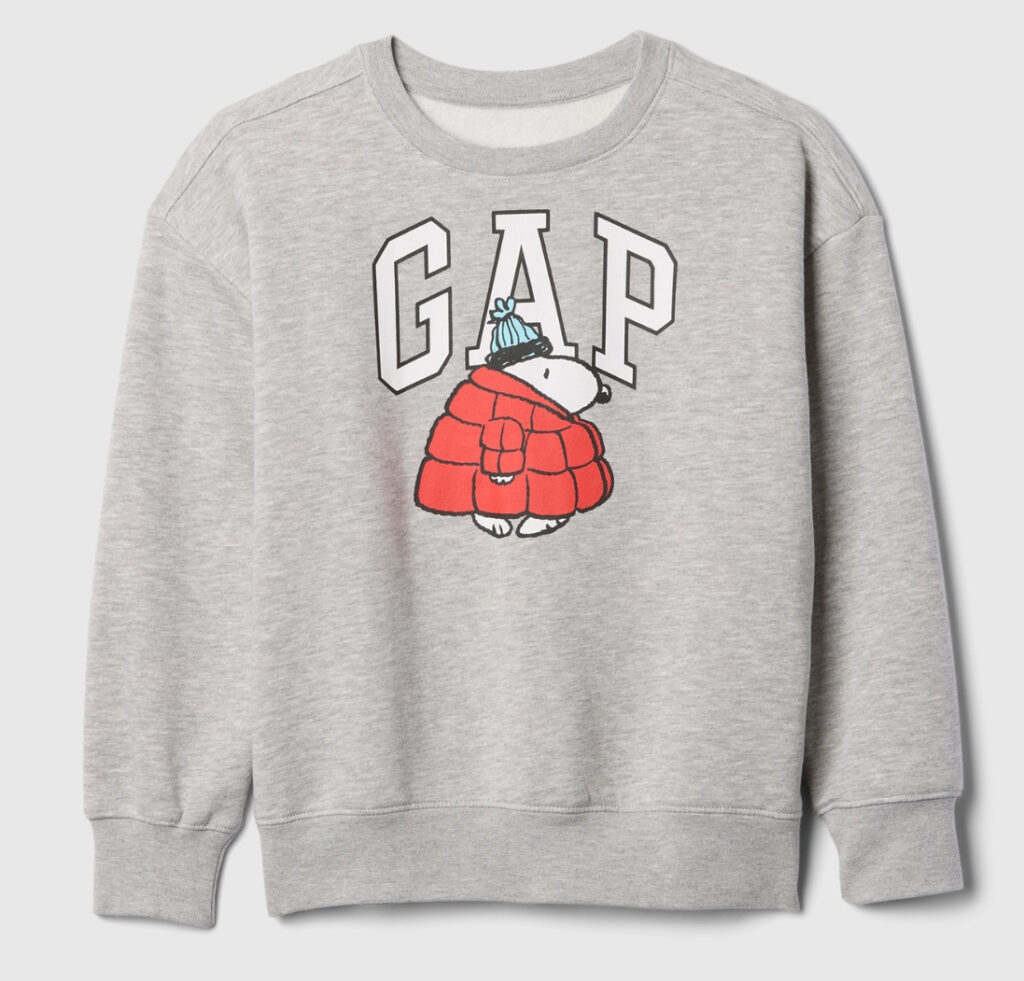 Snoopy lounges atop the Gap logo on a fleece crewneck sweatshirt in grey, red, or blue