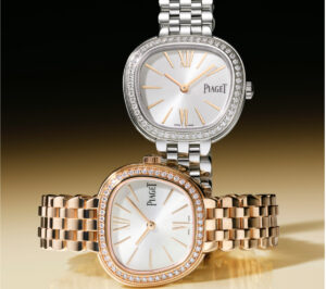 Piaget Sixtie watches featuring colorful stone dials, sculpted gold cases, and woven bracelets inspired by the 1960s