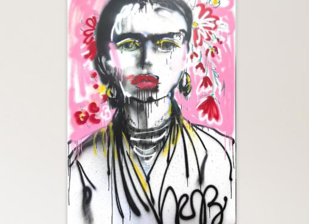 Acrylic-on-canvas painting by Rebecca Russo depicting Frida Kahlo in layered textures and symbolic abstraction