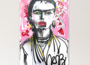 Acrylic-on-canvas painting by Rebecca Russo depicting Frida Kahlo in layered textures and symbolic abstraction