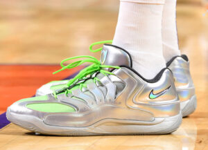 Nike KD 18 “EYBL” basketball shoes in Metallic Silver with Green Strike accents and EYBL logo on the sockliner
