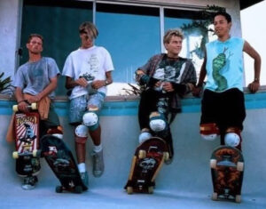 Tony Hawk, Max Perlich, and Christian Slater on the set of Gleaming The Cube (1989), a cult skateboarding film classic