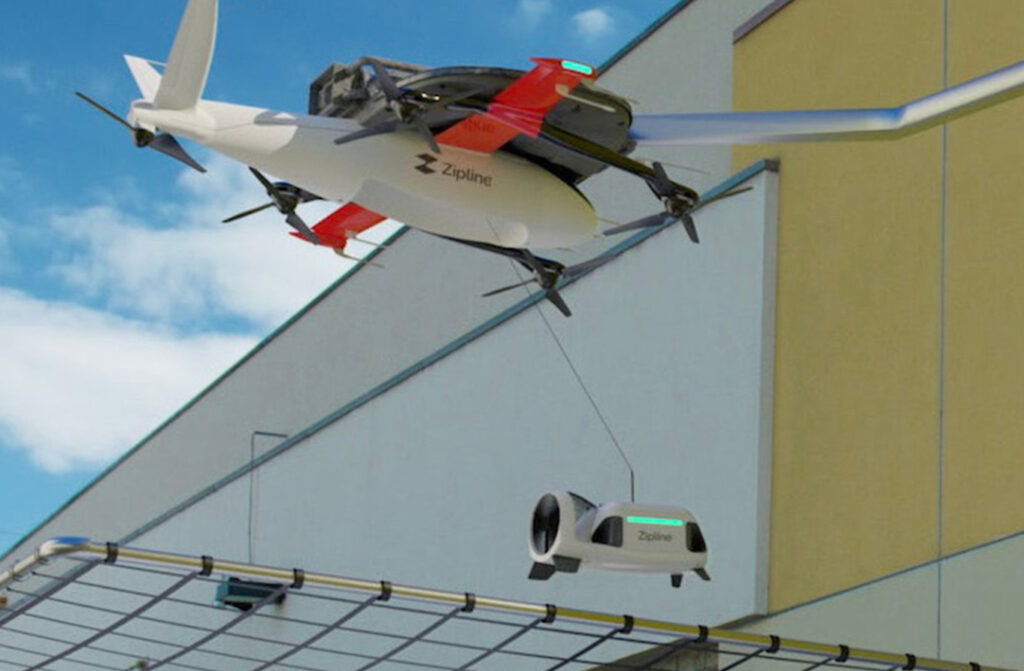 Zipline P2 drone delivering a package in Mesquite, Texas, using autonomous tethered droid technology above a suburban backyard