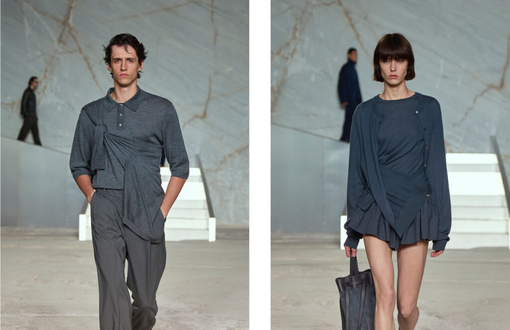 Model walking at COS Spring/Summer 2025 runway show in Dionyssomarble Quarry, surrounded by white marble cliffs