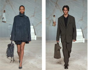 Model walking at COS Spring/Summer 2025 runway show in Dionyssomarble Quarry, surrounded by white marble cliffs