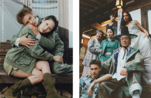Model wearing Les Benjamins SS25 look on Paris runway, surrounded by road sign set design inspired by long-distance travel