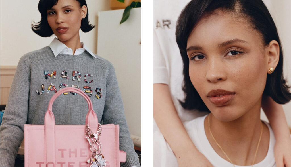 Nara Smith in Marc Jacobs Mother’s Day campaign, holding her child while wearing a red slip dress and oversized cardigan