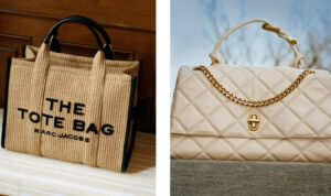 Nara Smith in Marc Jacobs Mother’s Day campaign, holding her child while wearing a red slip dress and oversized cardigan