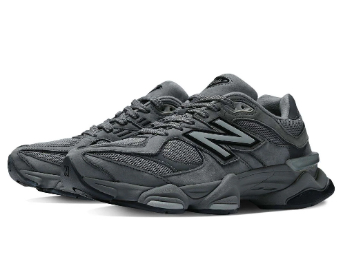 New Balance 9060 sneakers in Shadow Grey, Castle Rock, and Black, showing layered suede and mesh construction