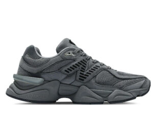 New Balance 9060 shoes in Shadow Grey, Castle Rock, and Black, showing layered suede and mesh construction