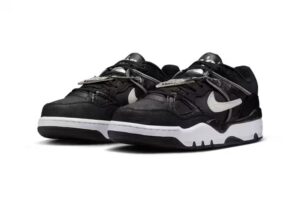 The NIGO x Nike Air Force 3 “Black Croc” shoe featuring croc-embossed leather, silver detailing, and white Swooshes
