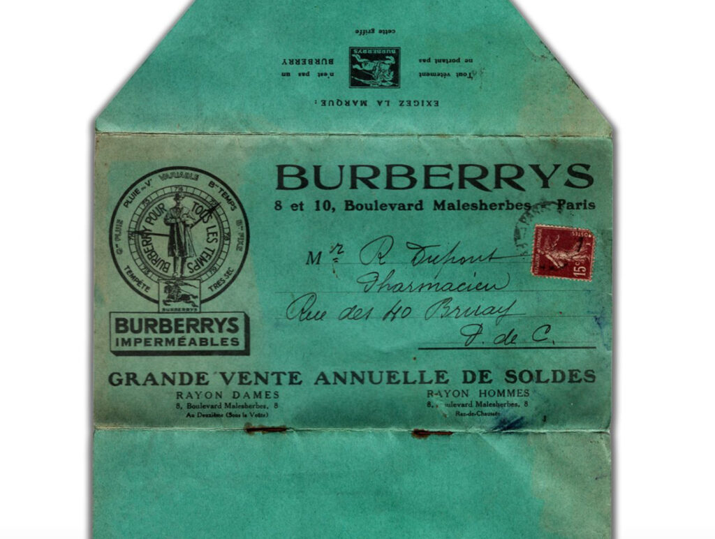 Folded 1920s Burberrys sale catalogue printed in black on beige stock, designed to be posted as its own envelope