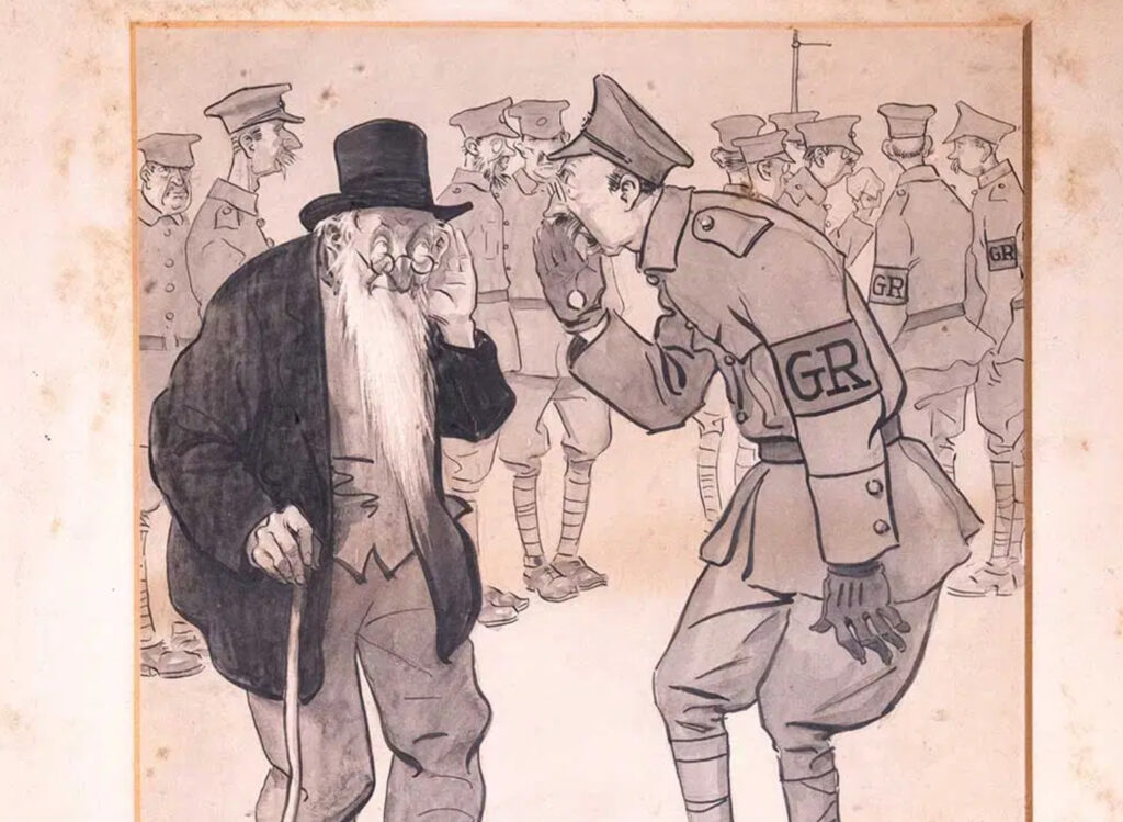 Black and white political cartoon by Ernest Howard Shepard showing ranked soldiers as numbered figures for satirical effect
