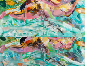Albert Oehlen’s 2023 painting Untitled, oil on canvas, featuring abstract and digital-inspired visual elements