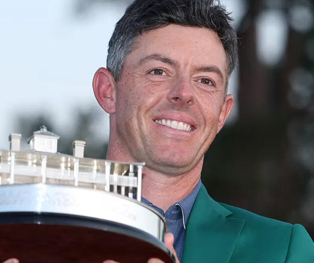 Rory McIlroy wearing the Omega Speedmaster Silver Snoopy Award watch after winning the 2025 Masters golf tournament