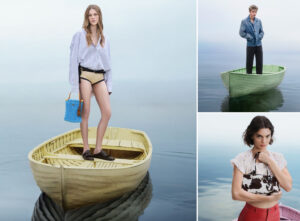 Hunter Schafer and Troye Sivan aboard a boat in Prada’s 2025 “Days of Summer” campaign, photographed against a calm sea