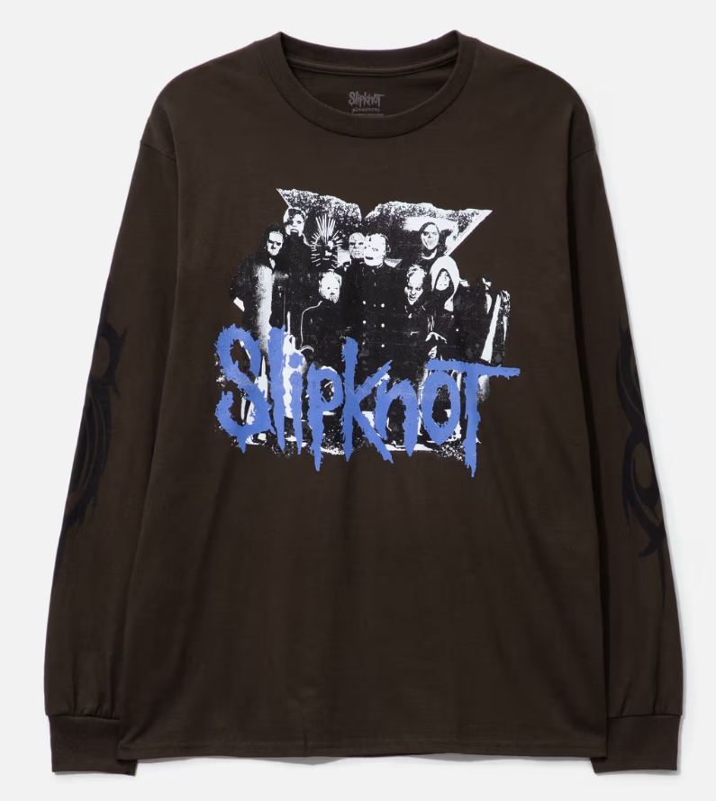 Black long sleeve shirt with red Slipknot compass logo on chest and sleeves, part of the PLEASURES x Slipknot flow