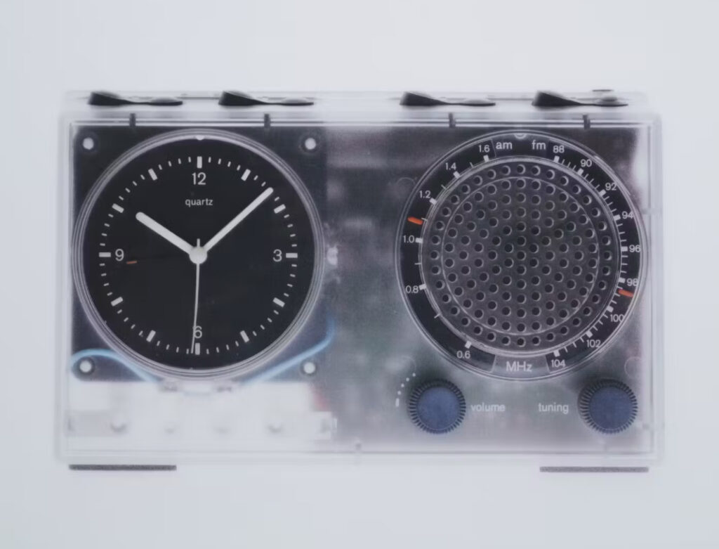 Disassembled Braun products displayed at WOAW Gallery’s “Honest Machines” exhibition, highlighting minimalist design and engineering