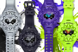 G-SHOCK GA-V01 watch in neon green, featuring butterfly-style dial and curved glass design with bold case silhouette