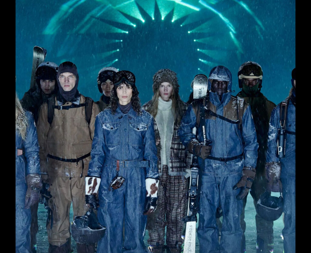 Moncler boutique interior with winter collection display, showcasing luxury puffer jackets