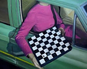 Oil painting of a woman in a pink top seated in a green car, holding a black-and-white checkered board out the window
