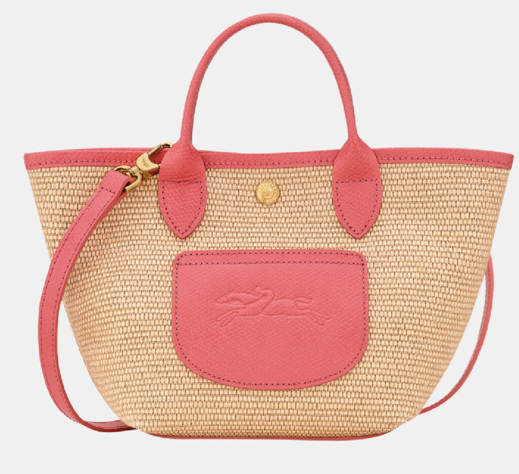 Longchamp Le Pliage XS Basket Bag in natural weave with leather trim, displayed with top handle and shoulder strap detail