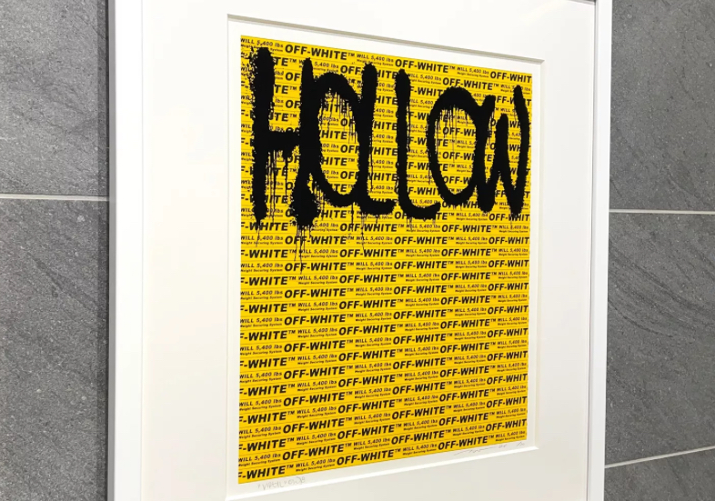 HOLLOWMAN sculpture by Murakami and Abloh—a transparent acrylic figure with printed motifs and conceptual typography