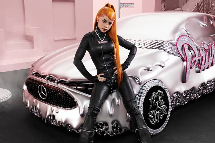 Ice Spice poses beside her custom molten chrome Mercedes-Benz CLA, adorned with pink interiors and sculptural details