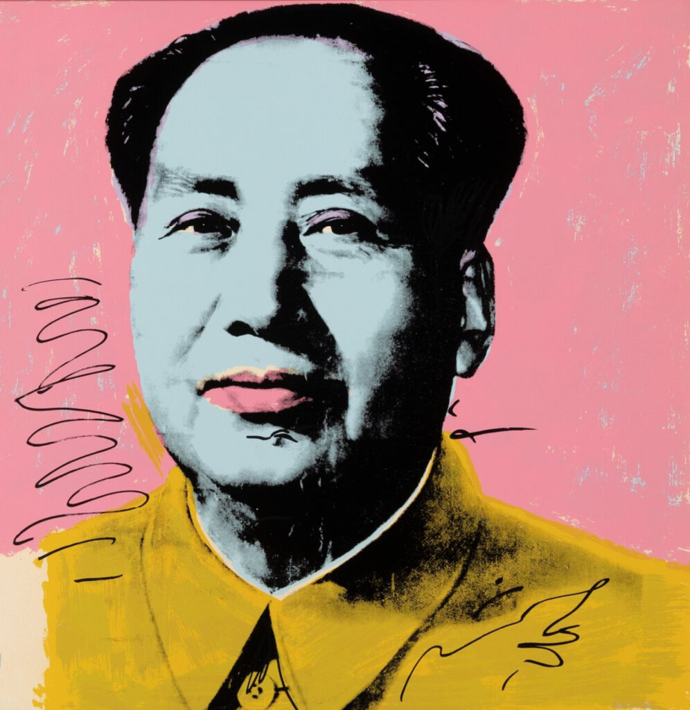 Andy Warhol’s 1972 screenprint of Mao Zedong, featuring bold colors on Beckett High White paper