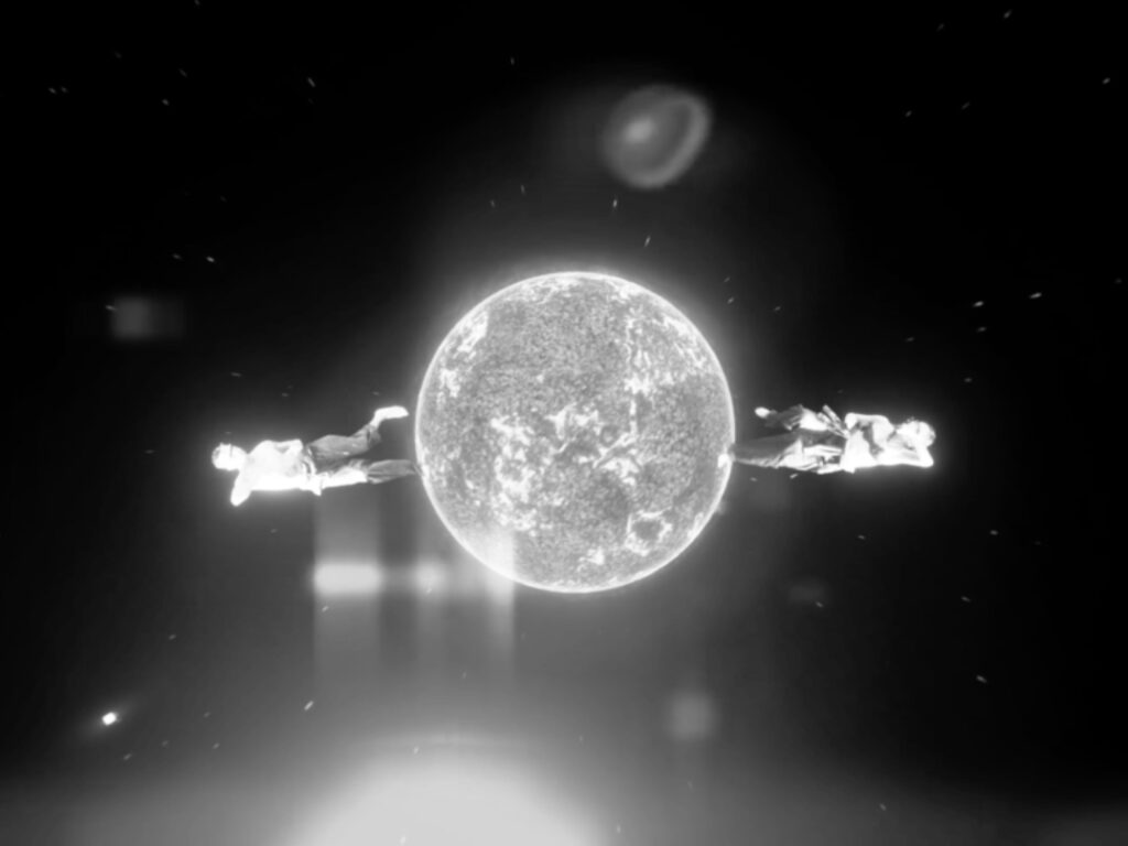 Still from Ngoc Nau’s Virtual Reverie, showing animated Lenin statue surrounded by dancers in surreal 3D landscape