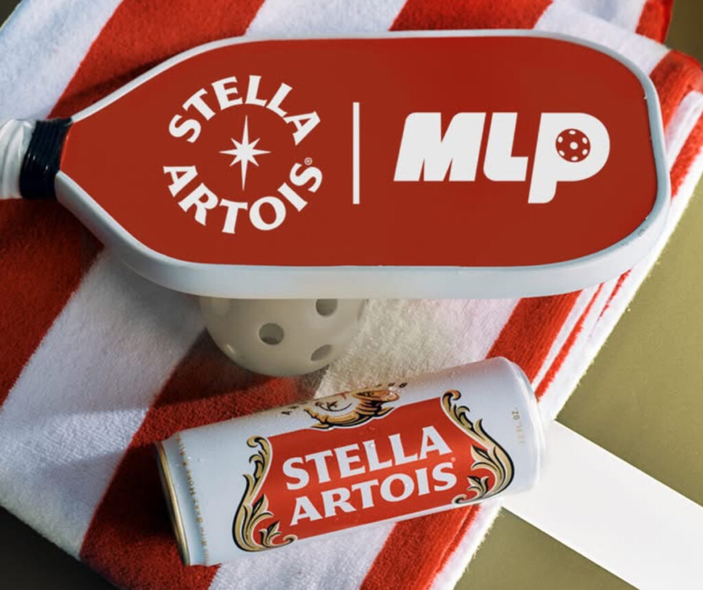 Stella Artois Perfect Serve station at a Major League Pickleball event with people engaging and sampling beer