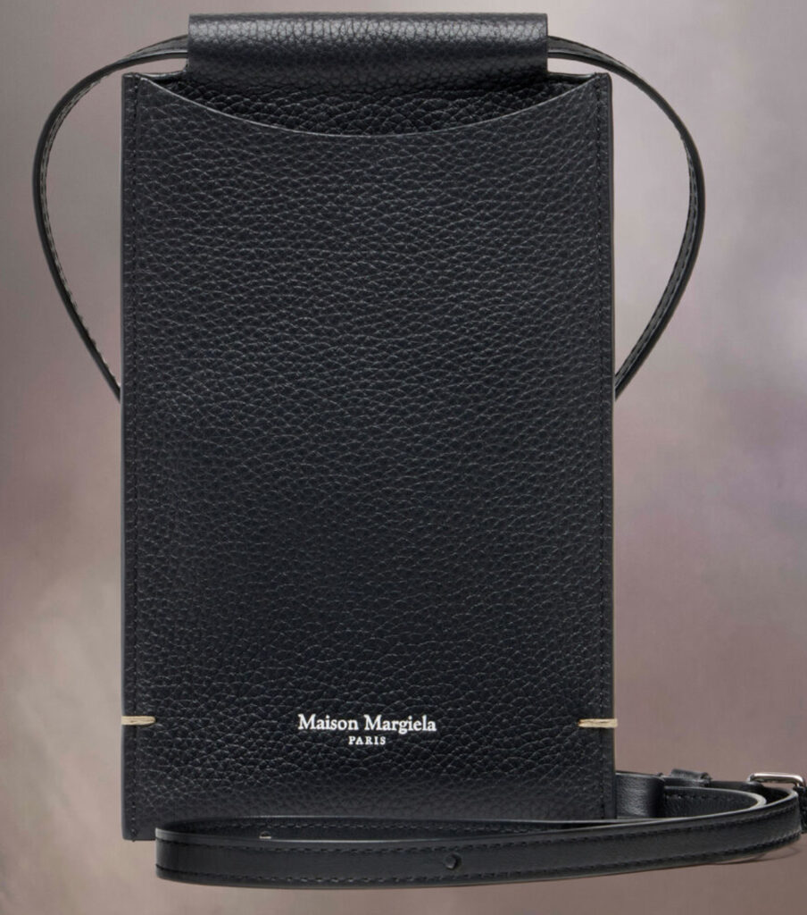 Maison Margiela Dress-Age Phone Neck Pouch in off-white calf leather with a neck strap, four-stitch detail, and minimal design