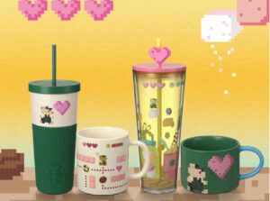 Starbucks Bearista Game Collection tumbler featuring 8-bit pixel art of Bearista mascot in a retro video game scene
