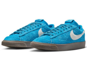 Nike x Devin Booker x Chevrolet Blazer Low Surfer Blue shoe featuring retro suede upper and classic car-inspired details