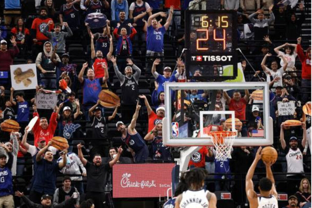View of The Wall at the Intuit Dome behind the basket, packed with standing Clippers fans during free throw attempts