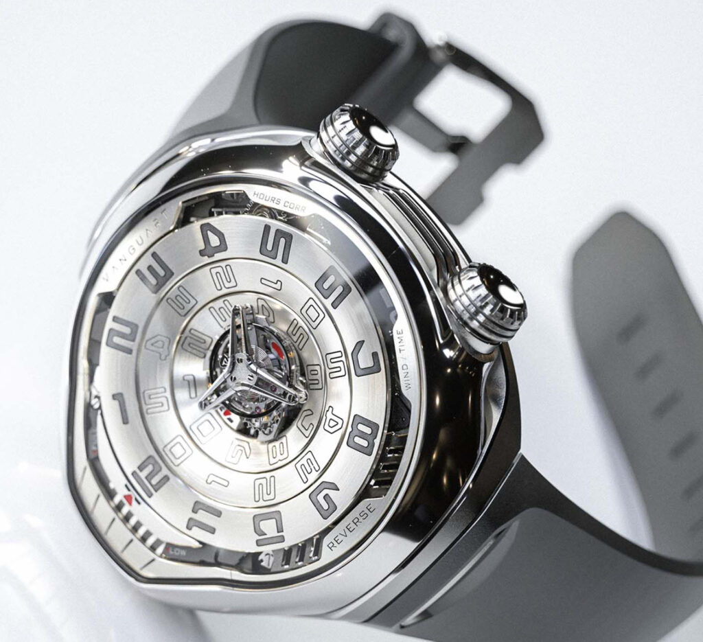 The Vanguart Black Hole Tourbillon watch with sloping concentric hour rings and futuristic titanium case design