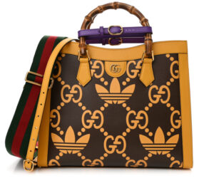 X adidas Gucci Diana Tote Bag in black textured calfskin featuring bamboo handles, Jumbo GG monogram, and Trefoil logo