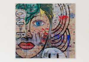 Acrylic painting by Carol McDermott showing a central figure surrounded by expressive, chaotic forms in bold color strokes
