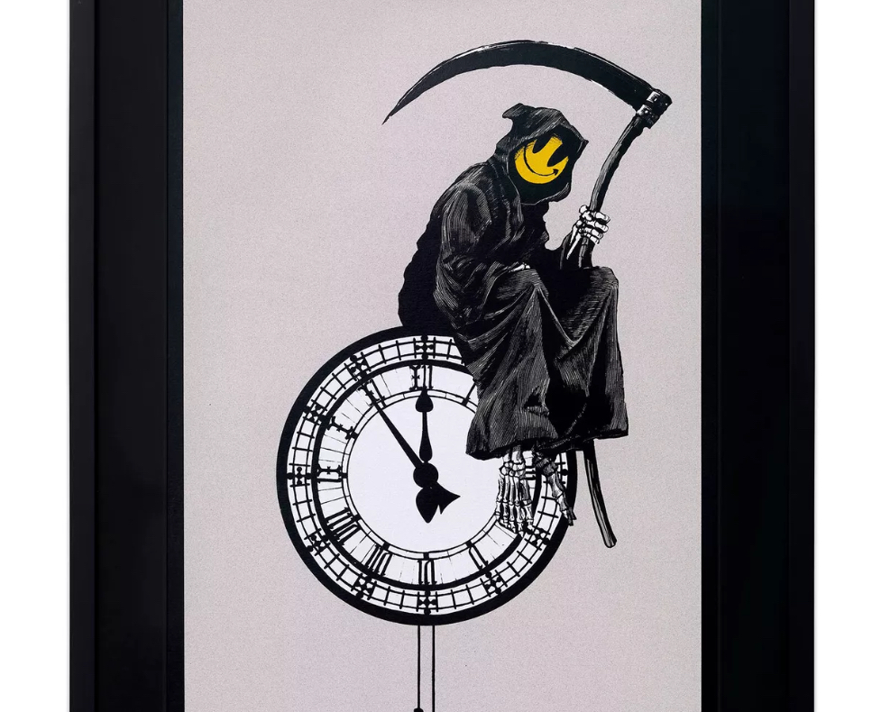Banksy’s Grin Reaper screen print from 2005 showing a hooded Grim Reaper holding a scythe and wearing a yellow smiley face