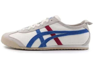 Side view of the Onitsuka Tiger Mexico 66 sneaker in Vintage White with Directoire Blue stripes and red heel detailing