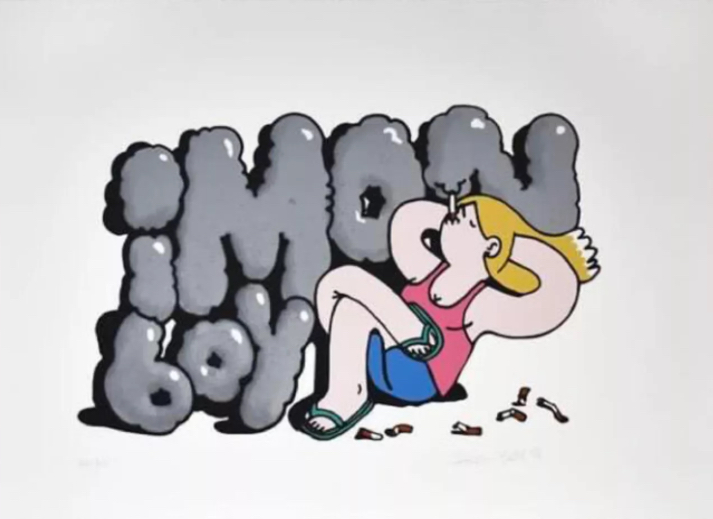 Imon Boy’s 2020 screen print I Don’t Smoke Anymore, showing a cartoon figure holding a cigarette in soft reflection