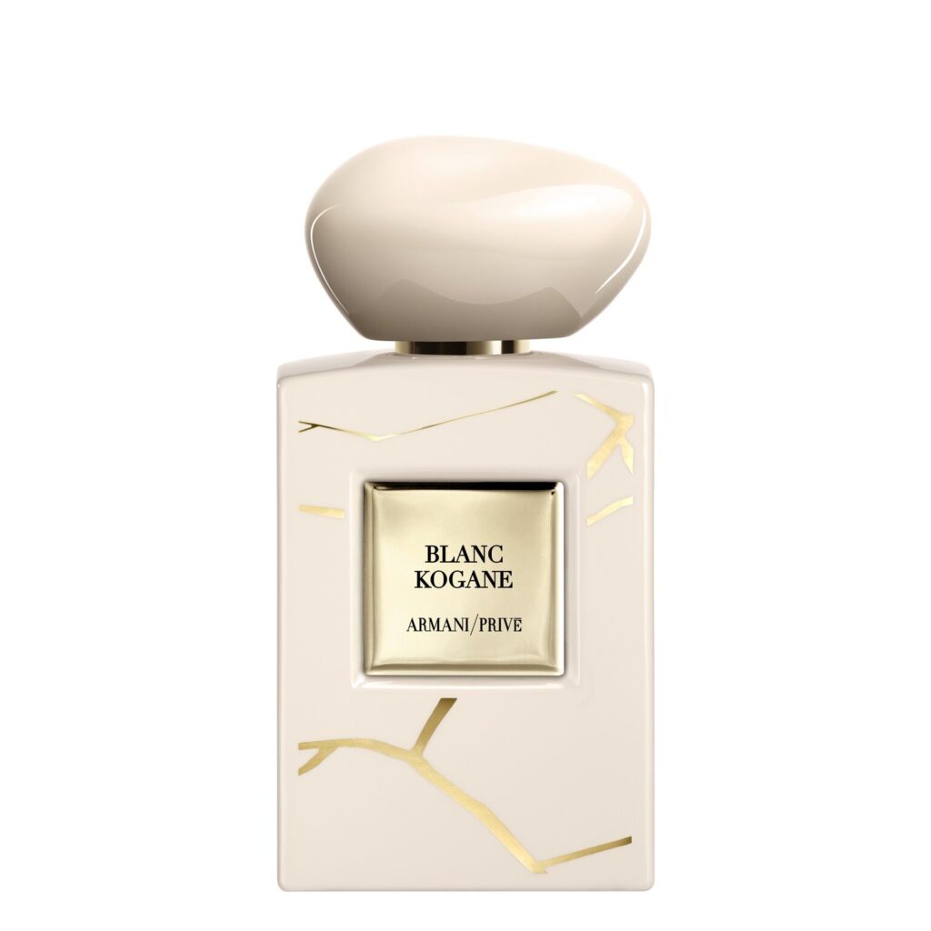 Armani/Privé Blanc Kogane perfume bottle with gold Kintsugi pattern and ivory lacquer finish