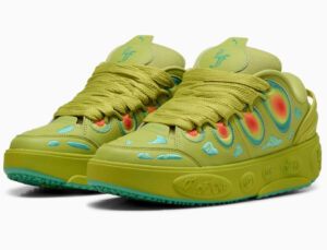 PUMA x LaMelo Ball LaFrance Heatmap sneakers in red-yellow gradient mesh with TPU overlays and translucent sole on neutral background