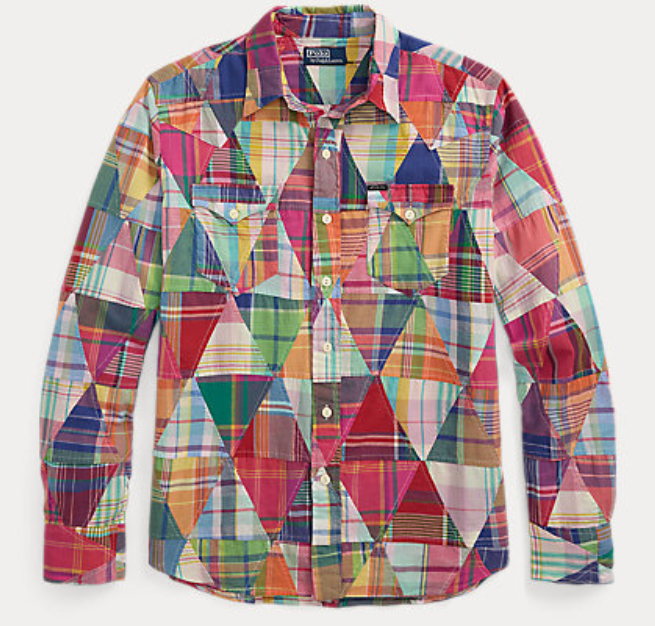 Front view of the Polo Ralph Lauren Patchwork Madras Western Shirt, featuring multicolored plaid and Western yoke details