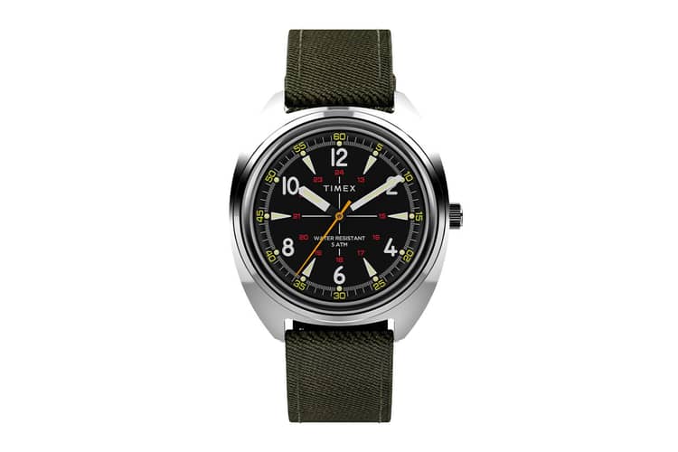 Timex x Bespoke Post Field Watch featuring a 36mm stainless steel case, black dial, and olive Cordura fabric strap