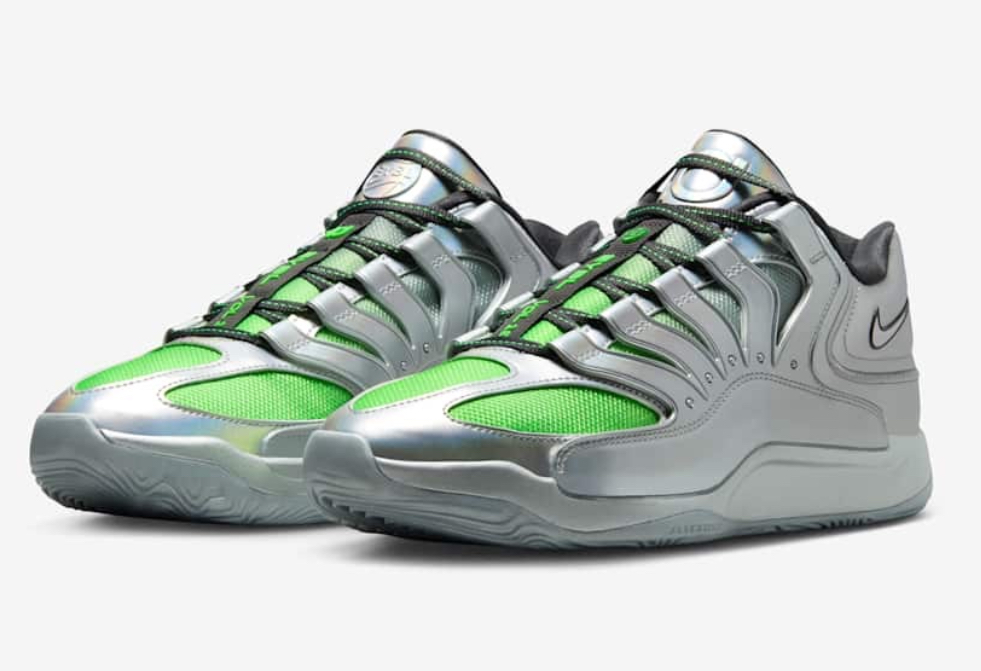 Nike KD 18 EYBL basketball shoe featuring Metallic Green Strike colorway with vibrant metallic accents and premium build