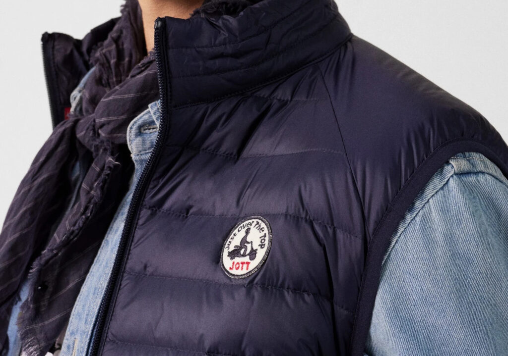 Front view of the JOTT Marine Tom Sleeveless Down Jacket showcasing lightweight quilted design in marine navy color