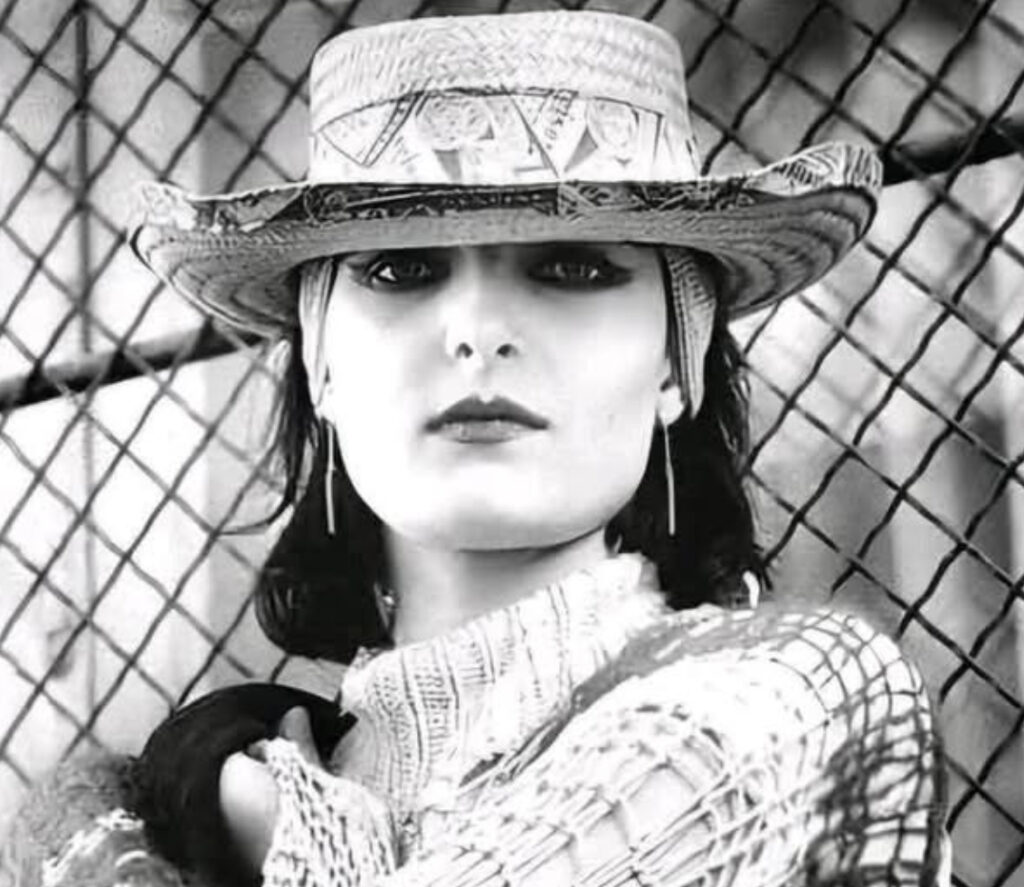 Siouxsie Sioux performing on stage with dramatic makeup and gothic style, iconic figure of post-punk and alternative music