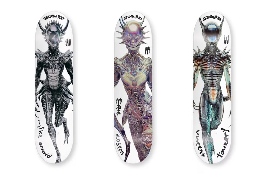 EDGLRD FLEXRX skateboard deck featuring chrome alien design, part of the new connective series by Harmony Korine