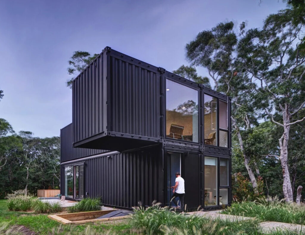 A modern stackable modular home showcasing sustainable design and efficient use of urban space
